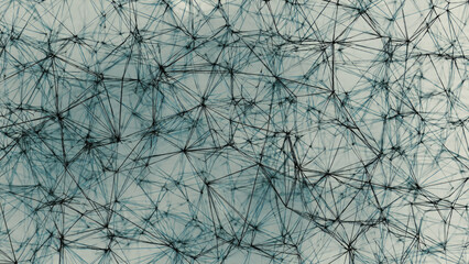 An intricate abstract digital network with interconnected lines and nodes, forming a complex technological mesh against a soft, light blue background.