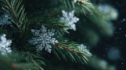 snowflakes resting on pine needles,