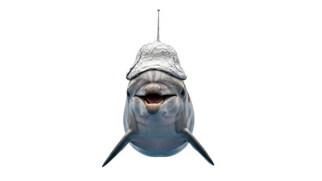 dolphin wearing a tinfoil hat, paranoid, paranoia, on a white background, animal photo