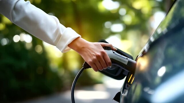 Faceless human hand holding electric car charging connector to electric car power supply connection EV charging process sustainable transportation green energy technology char