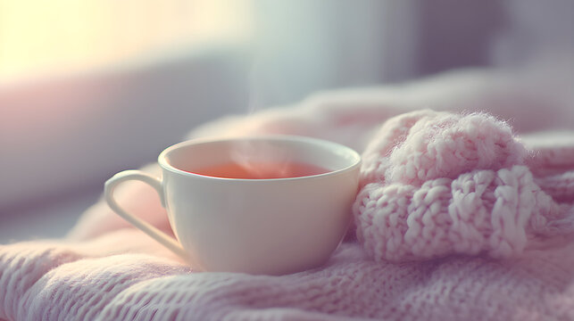 Cozy cup of warm tea steams gently on a soft pink knitted blanket, evoking comfort and relaxation.