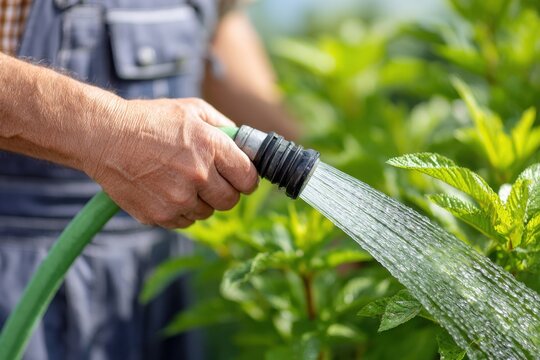 Male landscaper watering vibrant green plants with a garden hose in bright morning sunlight, showcasing the beauty of nature and gardening techniques