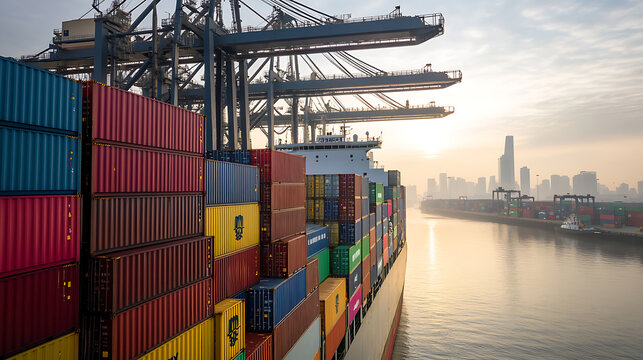 Cargo ship laden with colorful shipping containers and cranes against a foggy skyline. The ship is sailing on calm waters, reflecting the light of the rising sun. Import/export.