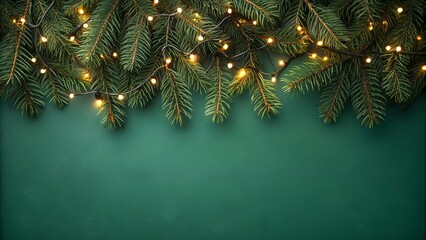 Christmas greenery and lights on a dark green background for holiday season
