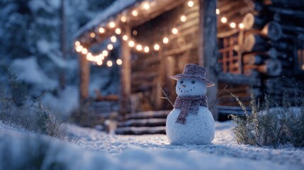snowman in front of glowing Christmas cabin,