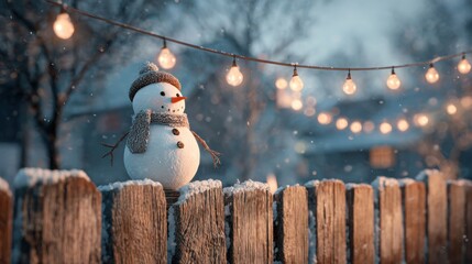 snowman near wooden fence with Christmas lights,