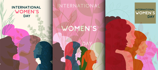 International Women's Day march 8 cards, posters frame banner, template typography design for advertising, web, social media. Profile Group of Women different race and ethnicity diversity concept