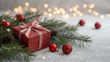 Festive red gift box with evergreen branches and bokeh lights background