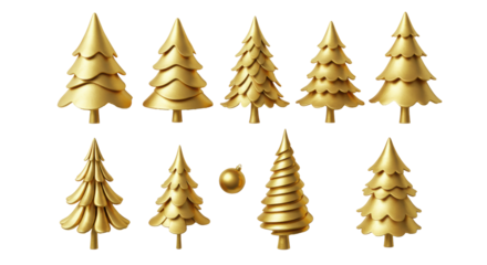 Stylized evergreen tree silhouettes in lustrous metallic gold, various shapes, on a transparent background with subtle golden starbursts and snowflakes. Elegant holiday design concept