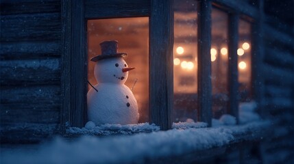 snowman standing near glowing house window,
