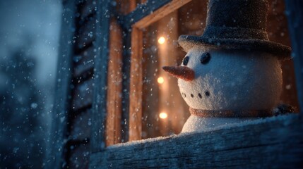 snowman standing near glowing house window,