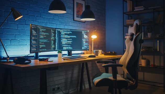 Digital Workspace: The modern workspace, featuring a dual monitor setup showcasing lines of code, offers a glimpse into a tech-driven work environment.