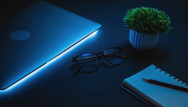 Digital workspace arrangement under a blue hue: A laptop illuminates the scene, alongside reading glasses, a notepad and pen, and a plant. A modern and minimalist workspace designed for productivity. - Powered by Adobe
