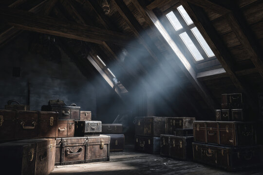 Atmospheric gothic attic filled with antique trunks, dusty textures, and beams of light through a pointed skylight