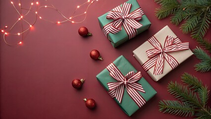 Festive christmas gift arrangement with lights and decorations on red background