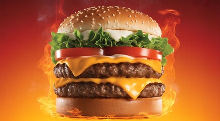 Double cheeseburger with lettuce tomato and cheese on a sesame seed bun hamburger beef patty