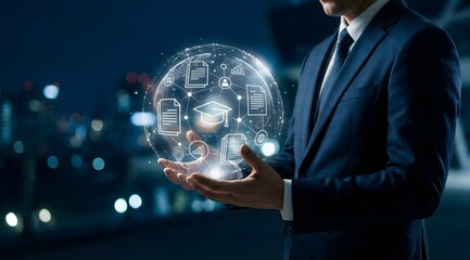 Finance technology background. Businessman holds global business globe with network connected to Finance Technology, Fintech Solutions, Financial Data Analytics. Futuristic background.
