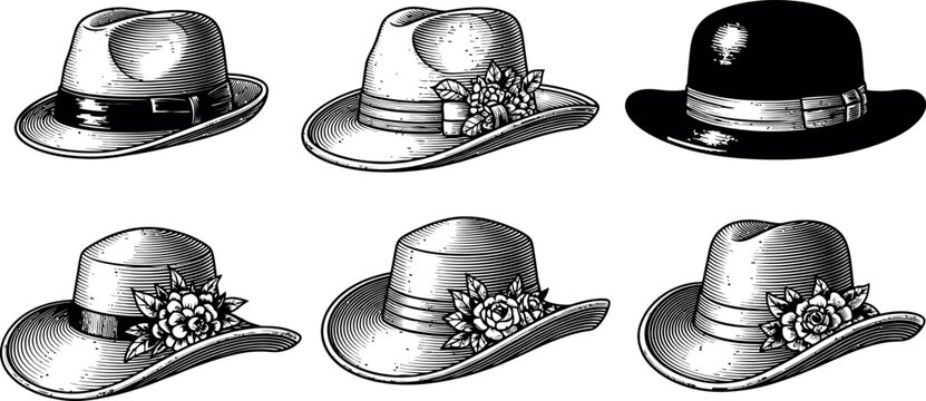 Collection of vintage hats in black and white illustration