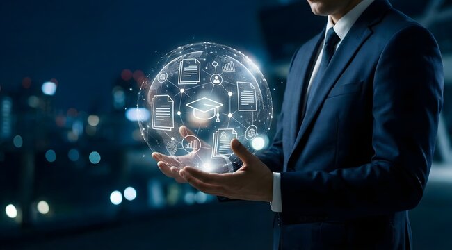 Finance technology background. Businessman holds global business globe with network connected to Finance Technology, Fintech Solutions, Financial Data Analytics. Futuristic background.