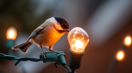 A charming Willow Tit perches on a string of radiant lights, its curiosity piqued by the warm glow. Capturing a moment of nature's wonder amid festive lights.