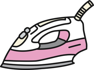 家庭の家事や洋裁で使うピンクとグレーのモダンな蒸気アイロンのイラスト