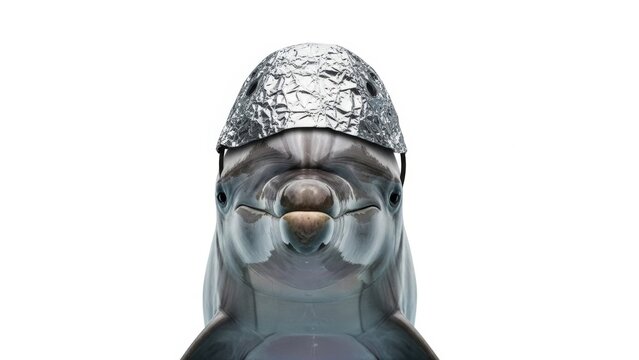 dolphin wearing a tinfoil hat, paranoid, paranoia, on a white background, animal photo