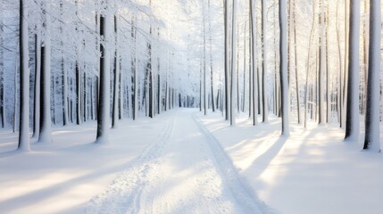 Naklejka premium Snowy Forest Path Winter Wonderland Scenery, Winter, Trees