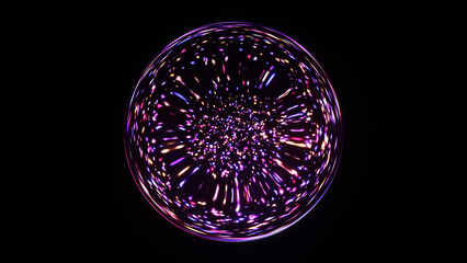 Bright colorful crystal ball with particles in the Universe. Magic 3d sphere, energy orb, and crystal glass ball. Colorful snow globe, Christmas holidays, New Year celebration background. 