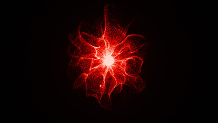 Abstract bloody red 3d energy orb of glowing power waves in space. Futuristic 3d sphere with red energy rays. Nebula, Supernova, nuclear energy, Big Bang, science, technology, Universe.