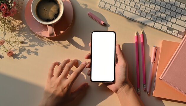 Digital Interaction: A modern workspace with a pair of hands gracefully holding a sleek smartphone, inviting digital engagement. Surrounded by a cup of coffee and stationery. 