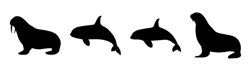 Discover black silhouette of seals and sea lions swimming in ocean wildlife animal marine life art