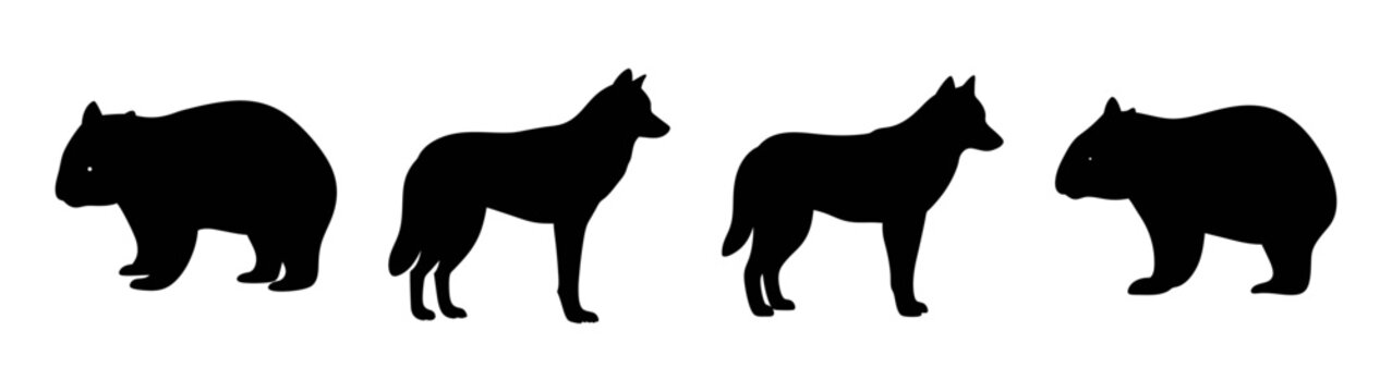 Four animal silhouette vector art design featuring canine and bear like shapes for wildlife projects