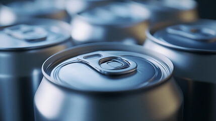 An array of aluminum beverage containers, capturing the essence of modern convenience and recycling, with a spotlight on their sleek metal texture and form factor for the modern consumer.