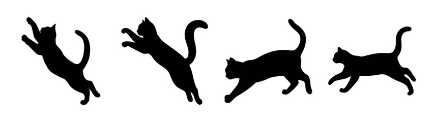 Four black cat silhouettes jumping and playing vector illustration animal pet feline art design © black man