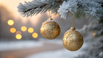 Golden christmas ornaments hanging on a snowy evergreen branch with bokeh lights