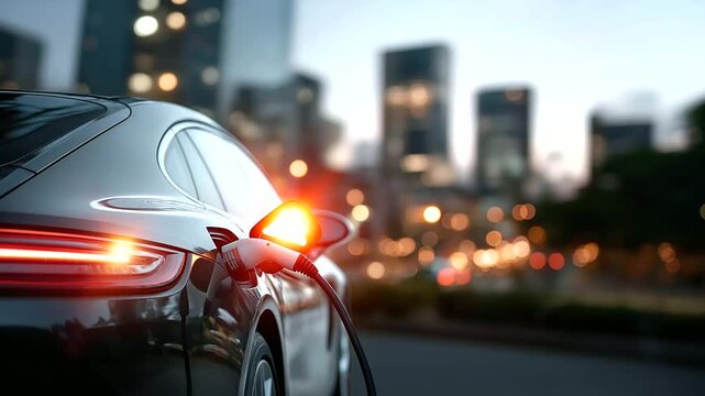 Power supply connect to electric car to add charge to battery charging technology industry transport future of automobile defocused city background urban mobility sustainable