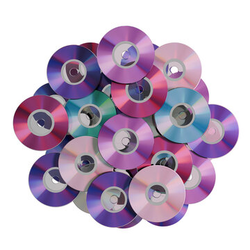 3D render of a stack of brightly colored CDs in a combination of purple, red, and pink on a transparent background 