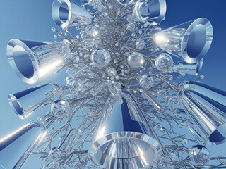 A Christmas tree with sunny, crystal-clear bells and balls hanging from a branch.
v.2.5