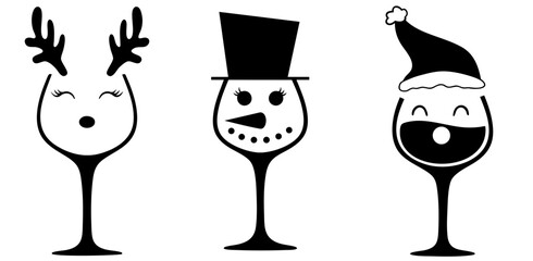 Christmas Wine Glass Characters Set — Reindeer, Snowman and Santa Holiday Drink Silhouette Collection