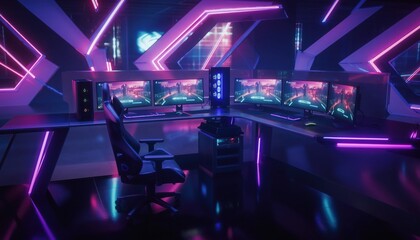 Cyberpunk Gaming Hub: A cutting-edge gaming setup bathed in neon light, complete with multiple monitors, comfortable chair, and high-tech components, ready for immersive gameplay.