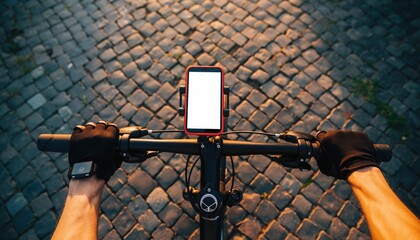 Urban Cycle Navigation: First-person perspective of hands gripping bicycle handlebars, with a smartphone displaying a blank screen mounted on the bike.