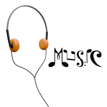 3D render of headphones with retro orange foam and music lyrics combined with musical notes on a transparent background