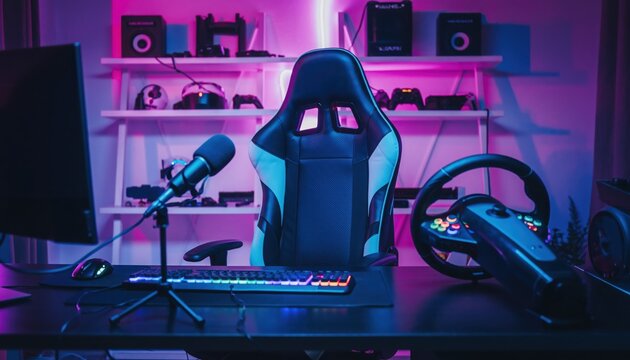 Gaming room setup: A meticulously arranged gaming room is bathed in vibrant neon hues, featuring a comfortable chair, powerful computer, and an array of accessories.