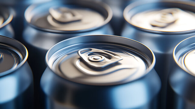 Rows of unopened drink containers form an abstract pattern, reflecting the light. The metallic surface and simple design create a minimalist aesthetic. These cans symbolize mass production.