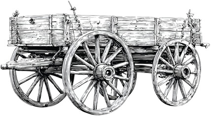 Fototapeta premium Vintage Wooden Wagon with Spoked Wheel in Detailed Drawing Style
