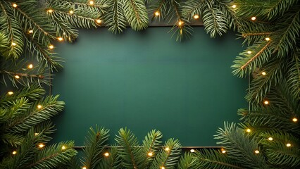 Festive christmas green background with fir branches and fairy lights border