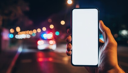 Smart Phone in City Night: A hand delicately holds a smart phone with a blank screen, its bright display contrasting with the blurred bokeh lights of a city at night.