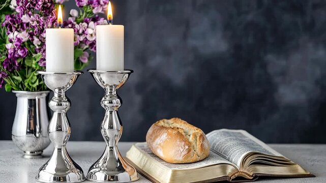 A peaceful setting features candles, fresh flowers, and bread on an open book, creating a warm and inviting atmosphere