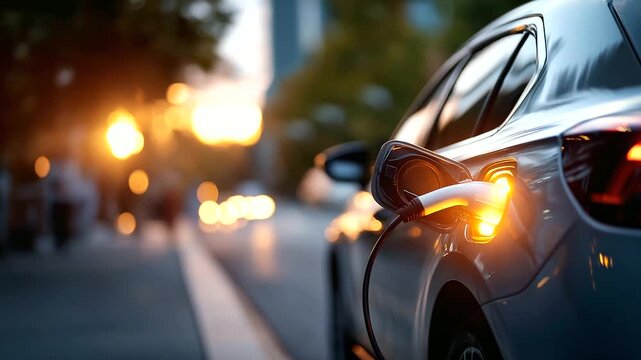 Charging modern electric car battery on street which are future of automobile close up power supply plugged into electric car being charged for hybrid new era vehicle fuel with