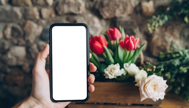 Digital Connection with Nature's Bloom: A hand delicately cradles a sleek smartphone with a blank screen, suggesting a digital interface amidst an arrangement of vibrant tulips and roses. - Powered by Adobe